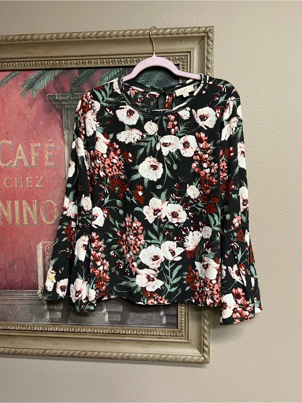 LOFT Dark Gray Floral Long-Sleeve Blouse